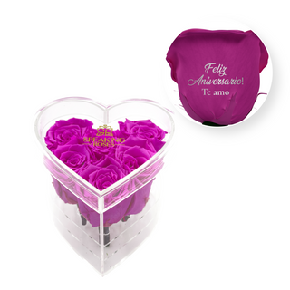 Feliz aniversario! Te amo - Heart Acrylic Box  (6 Preserved Stems)
