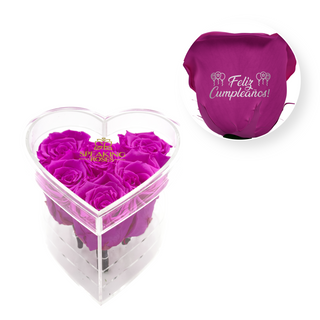 Feliz cumpleaños! - Heart Acrylic Box  (6 Preserved Stems)