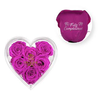 Feliz cumpleaños! - Heart Acrylic Box  (6 Preserved Stems)