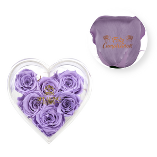 Feliz cumpleaños! - Heart Acrylic Box  (6 Preserved Stems)
